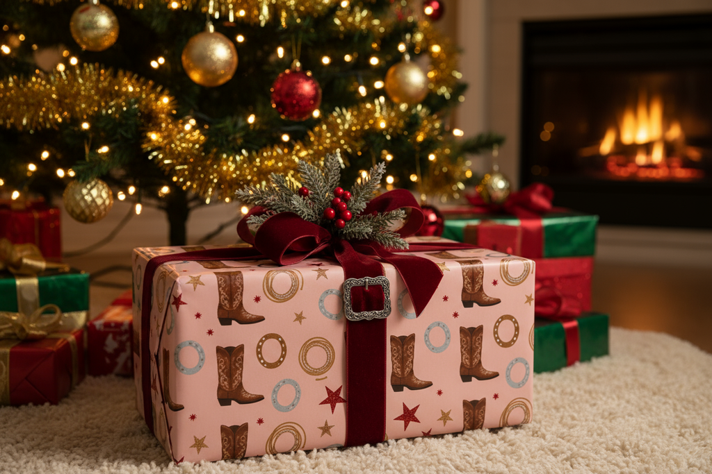 christmas gift under a tree with christmas western pink gift paper.