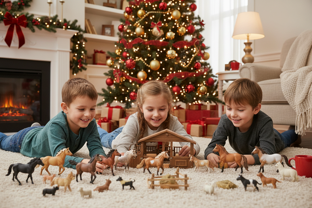 kids playing with horse toys looking liek schleich collection in a christmas decored home